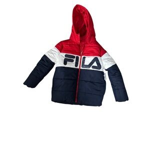 Fila Red, White, and Blue Hooded Boys’ Puffer Jacket SizeM(10/12)